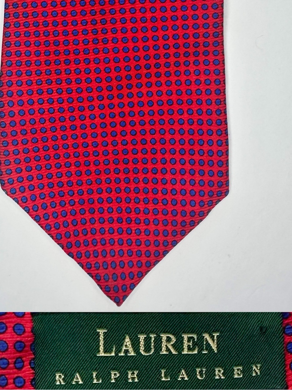Vintage LAUREN RALPH LAUREN Red & Blue Polka Dot Classic 100% Silk Tie, 3.75”